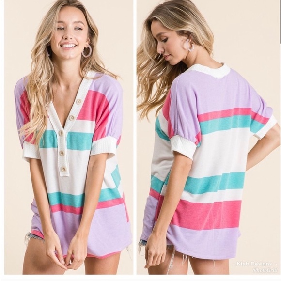 New! Clearance 🔥 Soft Knit Button Vneck Waffle knit Multi Stripe retro Top - Picture 2 of 7